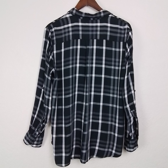 Woolrich Womens Flannel Shirt XL Black White Plaid Relaxed Fit Roll Tab‎ Sleeves - Picture 5 of 13